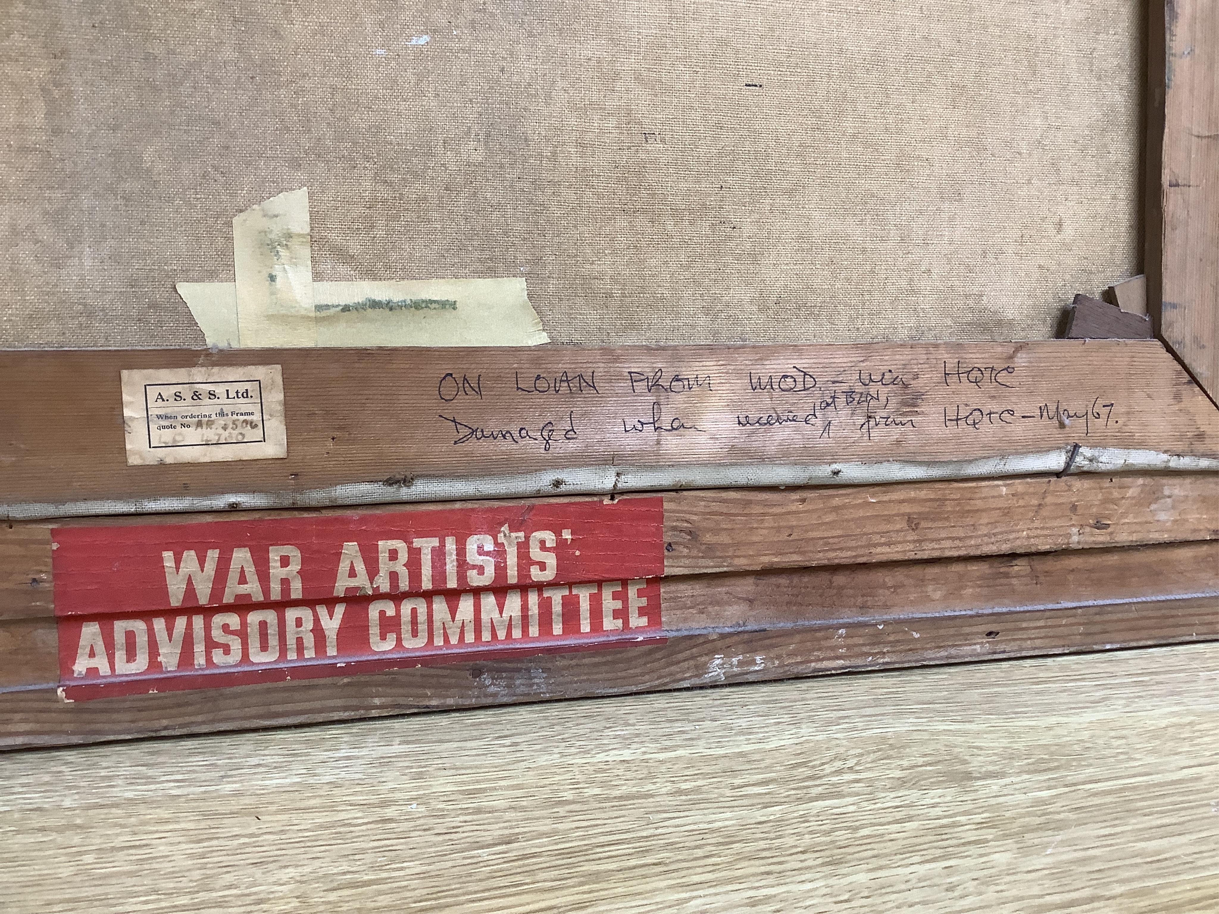 Frank Wootton (1911-1998), military interest oil on canvas, ‘Day Break’, signed, War Artists Comittee label verso, 59 x 75cm. Condition - rip to sky area of the canvas